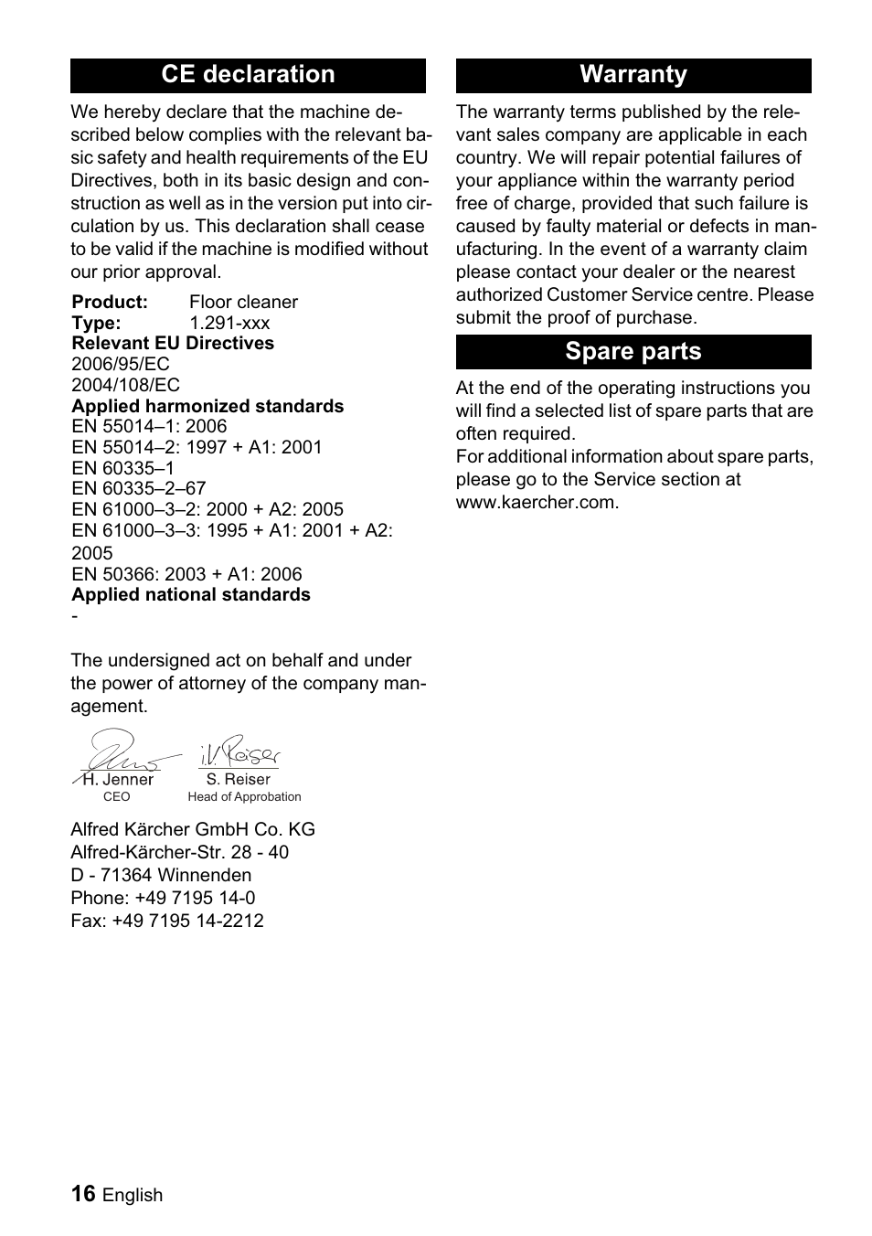 Ce declaration, Warranty spare parts | Karcher BDP 43-1500 C Bp User Manual | Page 16 / 132