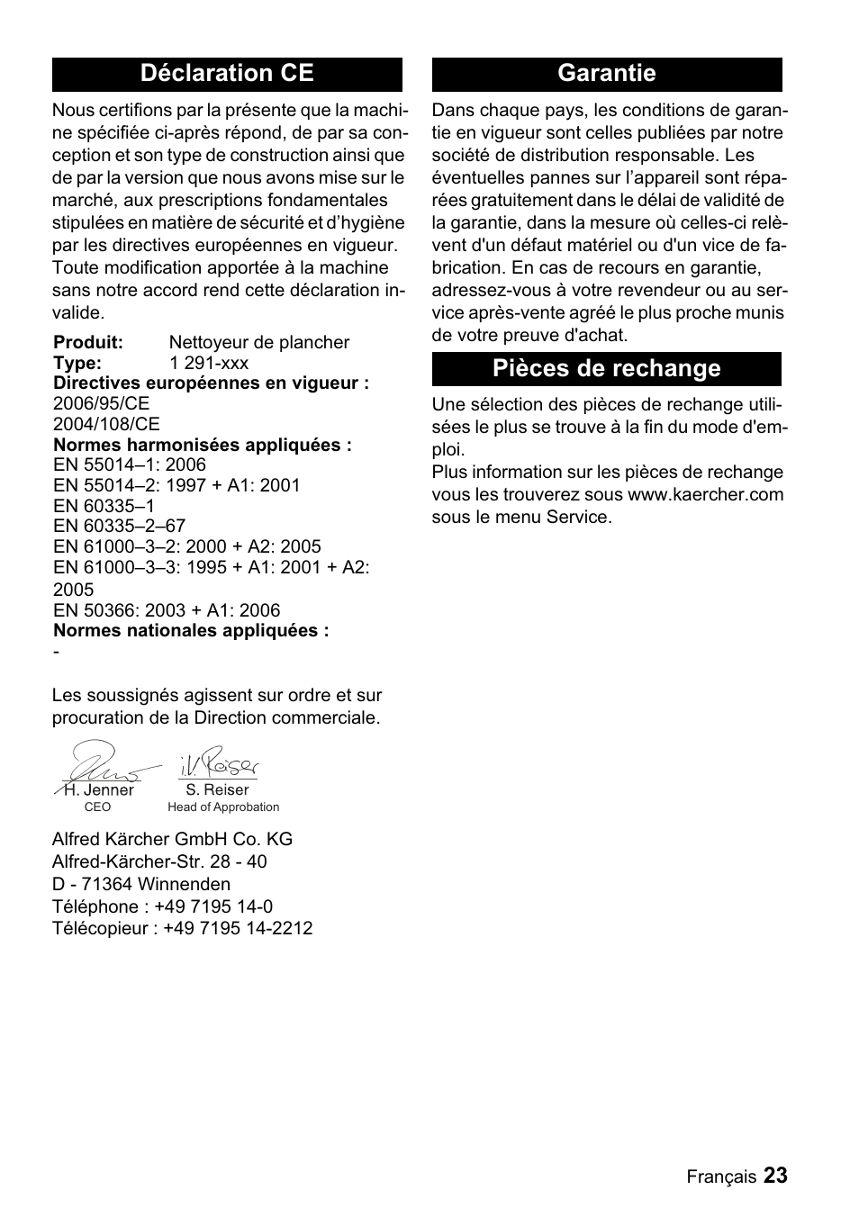 Déclaration ce, Garantie pièces de rechange | Karcher BDP 43-1500 C Bp User Manual | Page 23 / 132