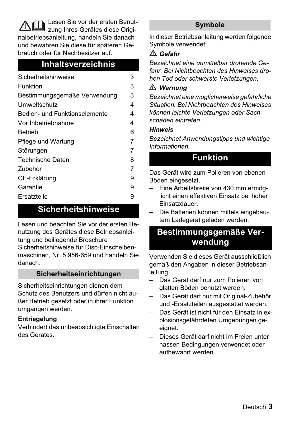 Inhaltsverzeichnis sicherheitshinweise, Funktion bestimmungsgemäße ver- wendung | Karcher BDP 43-1500 C Bp User Manual | Page 3 / 132