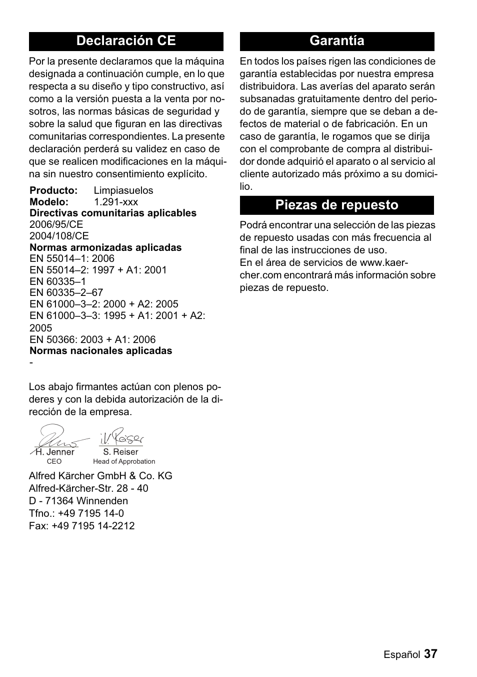 Declaración ce, Garantía piezas de repuesto | Karcher BDP 43-1500 C Bp User Manual | Page 37 / 132