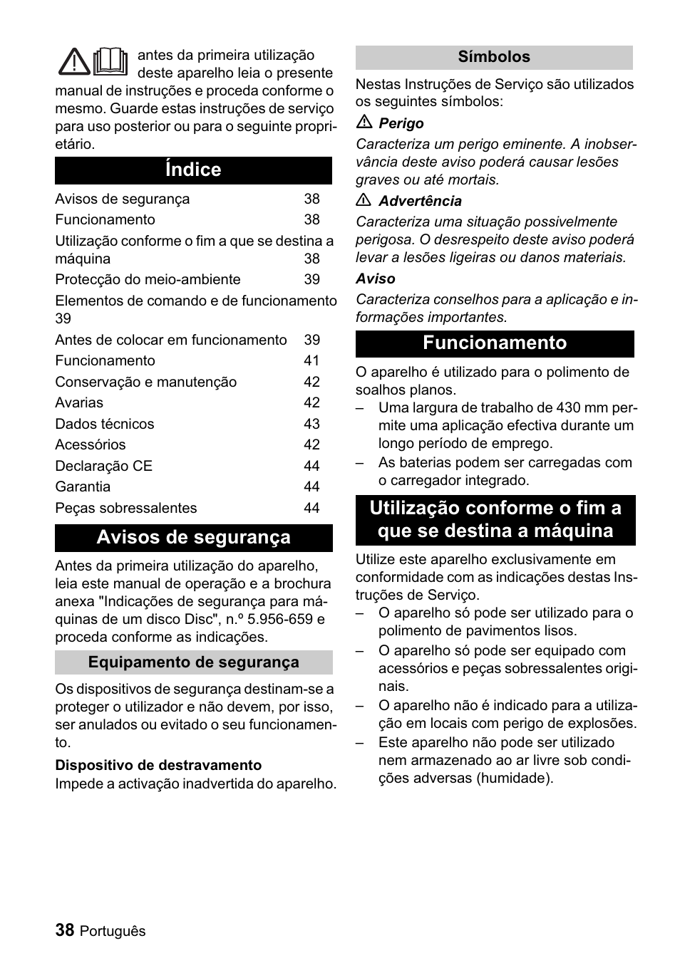 Índice avisos de segurança | Karcher BDP 43-1500 C Bp User Manual | Page 38 / 132