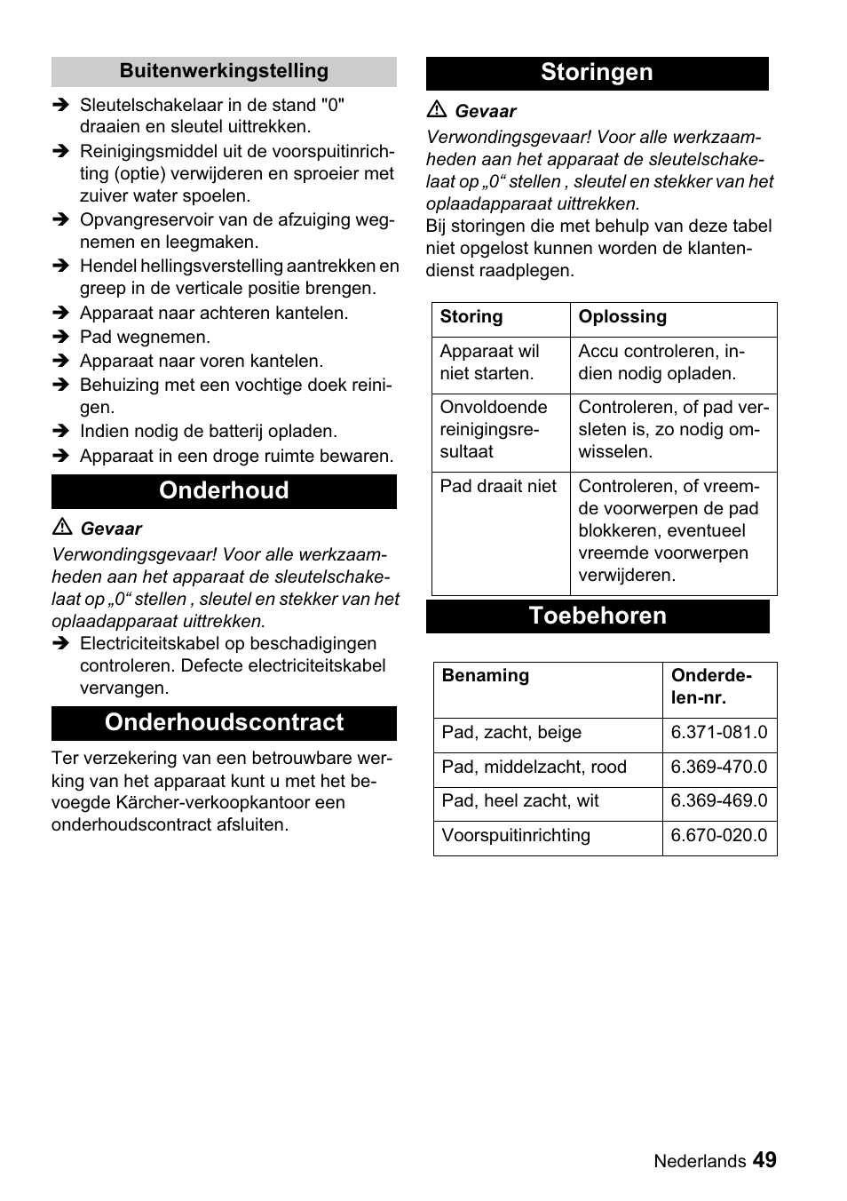 Onderhoud onderhoudscontract storingen, Toebehoren | Karcher BDP 43-1500 C Bp User Manual | Page 49 / 132