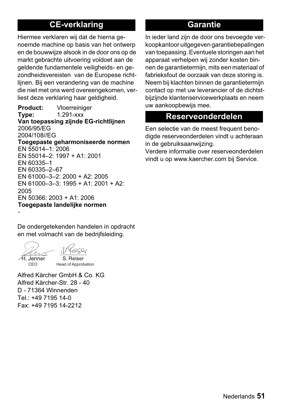 Ce-verklaring, Garantie reserveonderdelen | Karcher BDP 43-1500 C Bp User Manual | Page 51 / 132