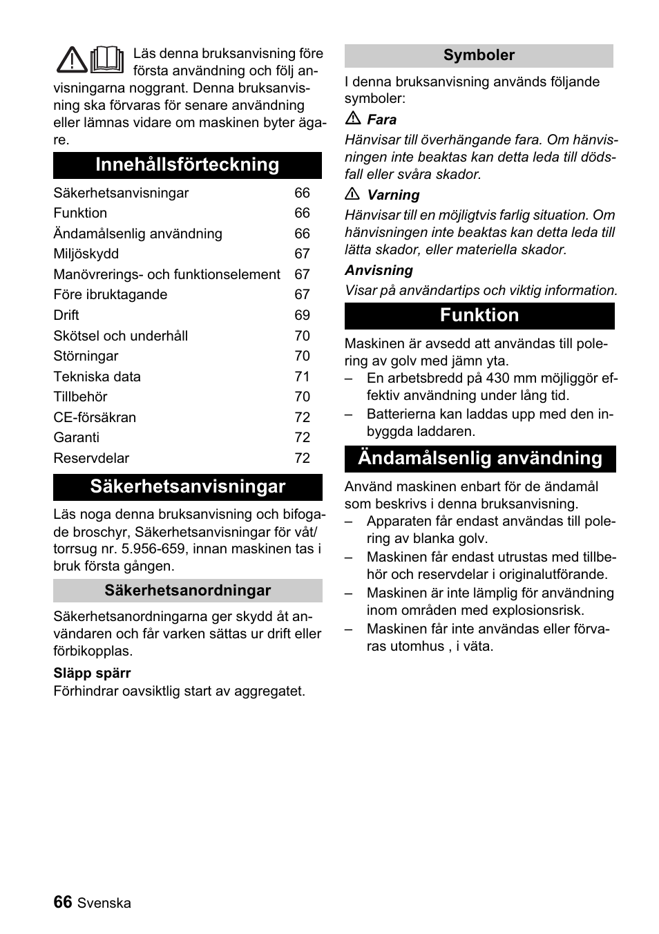 Innehållsförteckning säkerhetsanvisningar, Funktion ändamålsenlig användning | Karcher BDP 43-1500 C Bp User Manual | Page 66 / 132