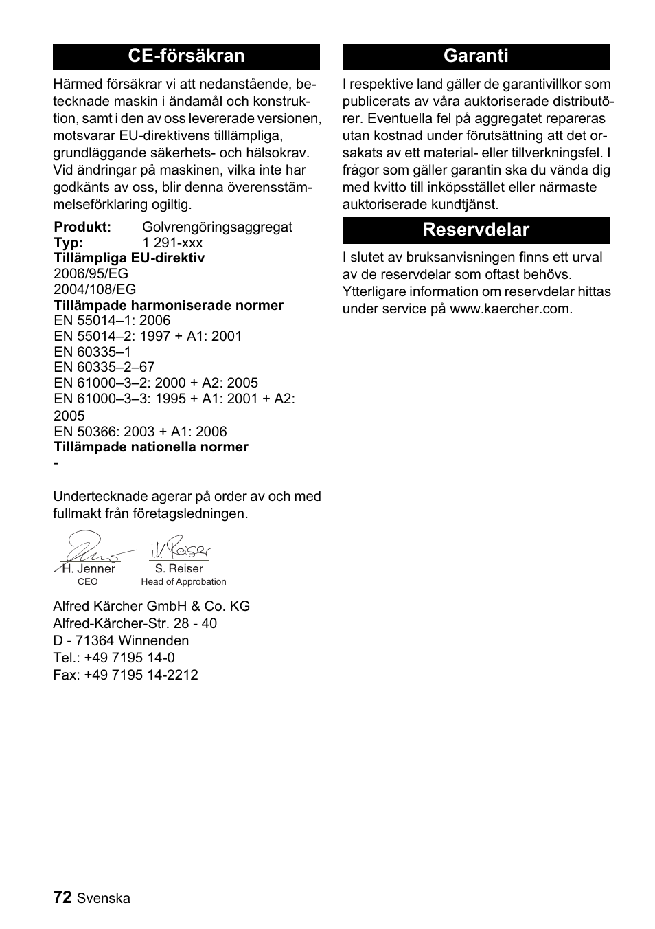 Ce-försäkran, Garanti reservdelar | Karcher BDP 43-1500 C Bp User Manual | Page 72 / 132