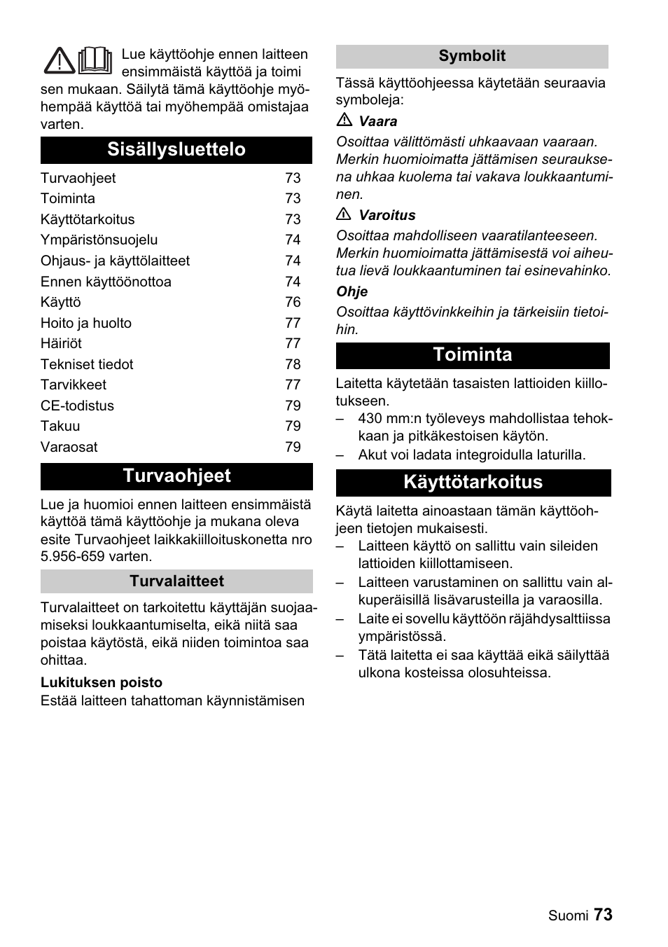 Sisällysluettelo turvaohjeet, Toiminta käyttötarkoitus | Karcher BDP 43-1500 C Bp User Manual | Page 73 / 132