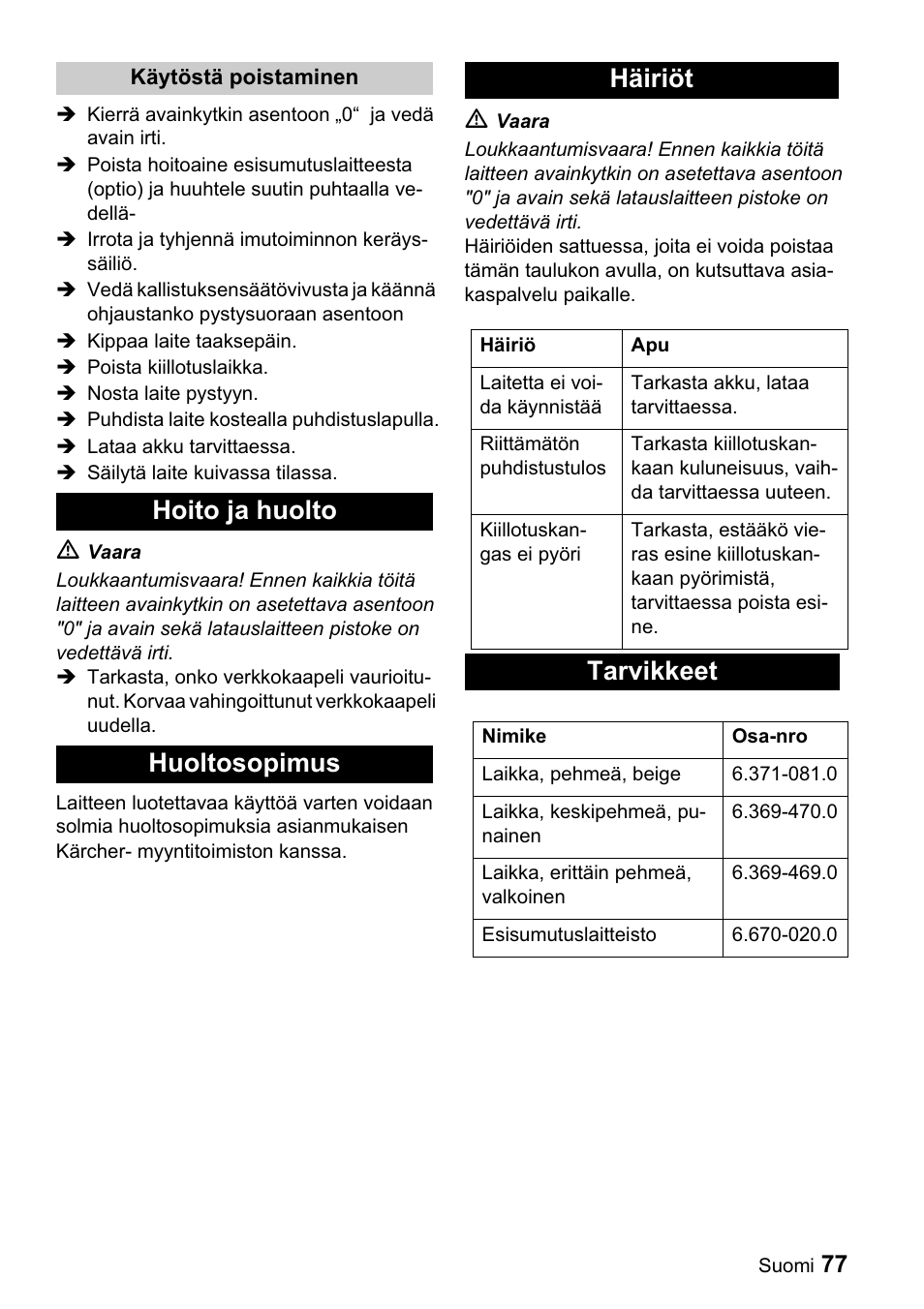 Hoito ja huolto huoltosopimus häiriöt, Tarvikkeet | Karcher BDP 43-1500 C Bp User Manual | Page 77 / 132