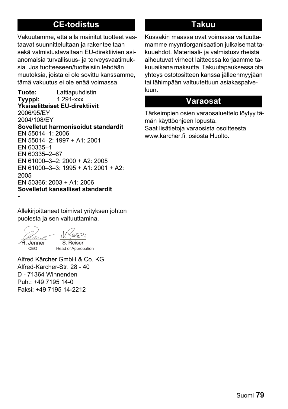 Ce-todistus, Takuu varaosat | Karcher BDP 43-1500 C Bp User Manual | Page 79 / 132