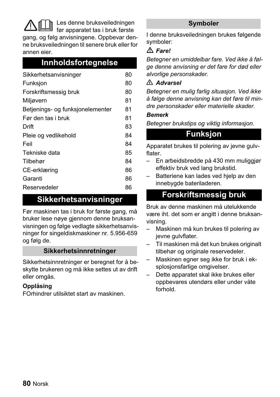 Innholdsfortegnelse sikkerhetsanvisninger, Funksjon forskriftsmessig bruk | Karcher BDP 43-1500 C Bp User Manual | Page 80 / 132