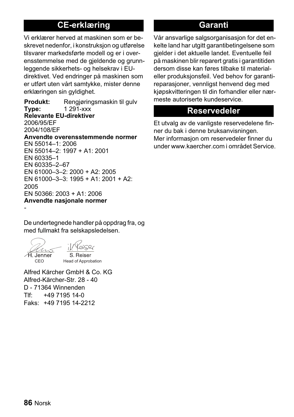 Ce-erklæring, Garanti reservedeler | Karcher BDP 43-1500 C Bp User Manual | Page 86 / 132