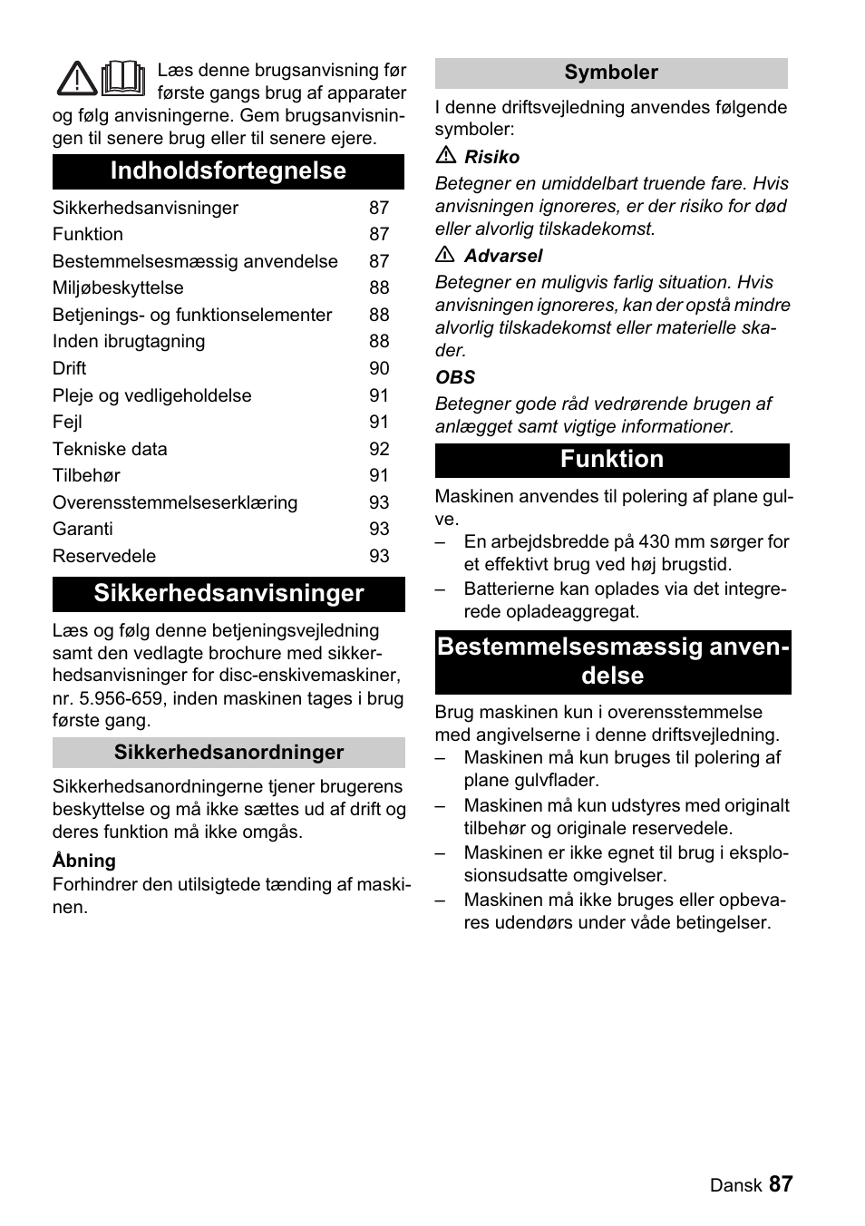 Indholdsfortegnelse sikkerhedsanvisninger, Funktion bestemmelsesmæssig anven- delse | Karcher BDP 43-1500 C Bp User Manual | Page 87 / 132