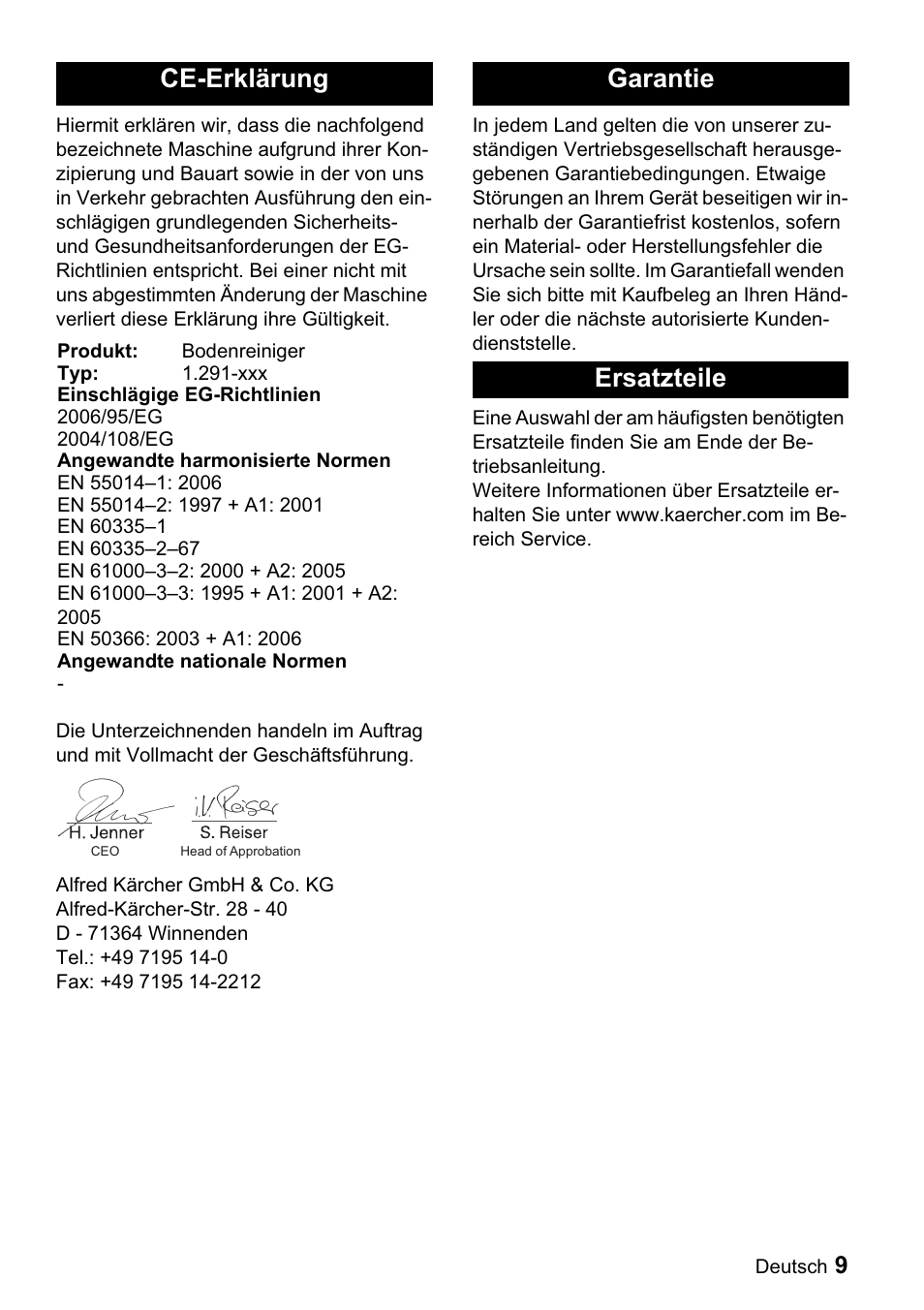 Ce-erklärung, Garantie ersatzteile | Karcher BDP 43-1500 C Bp User Manual | Page 9 / 132