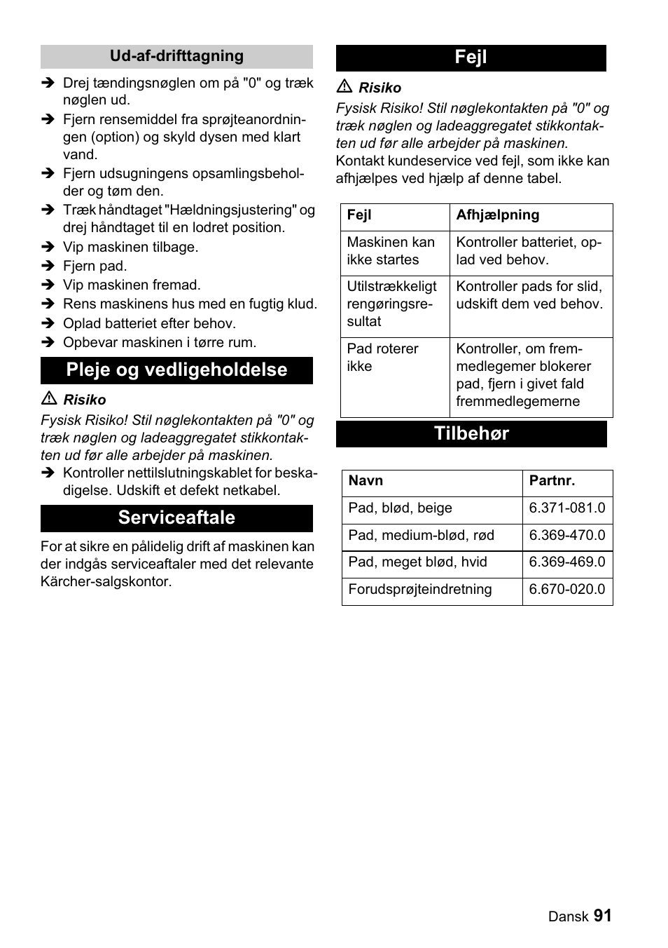 Pleje og vedligeholdelse serviceaftale fejl, Tilbehør | Karcher BDP 43-1500 C Bp User Manual | Page 91 / 132