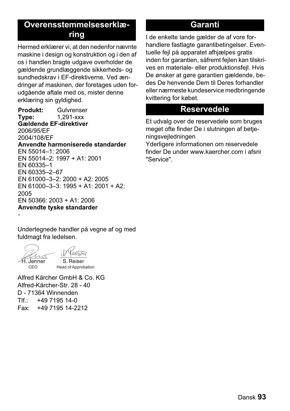 Overensstemmelseserklæ- ring, Garanti reservedele | Karcher BDP 43-1500 C Bp User Manual | Page 93 / 132