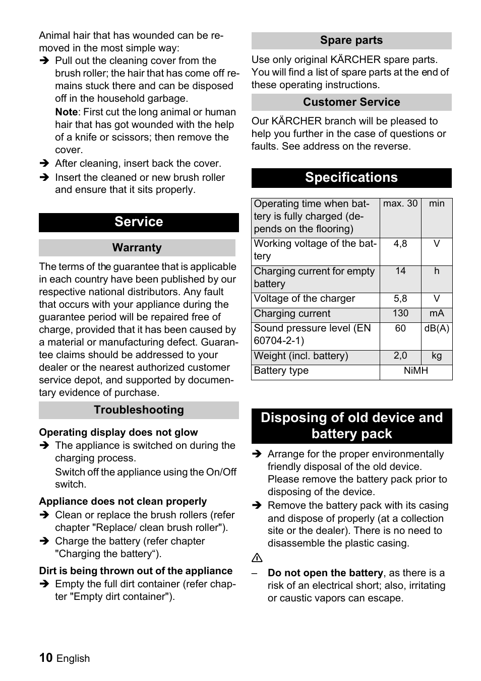 Service, Specifications, Disposing of old device and battery pack | Karcher K 65 Plus User Manual | Page 10 / 124