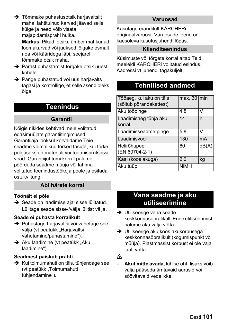 Teenindus, Tehnilised andmed, Vana seadme ja aku utiliseerimine | Karcher K 65 Plus User Manual | Page 101 / 124