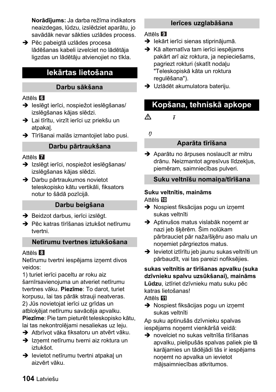 Iekārtas lietošana, Kopšana, tehniskā apkope | Karcher K 65 Plus User Manual | Page 104 / 124