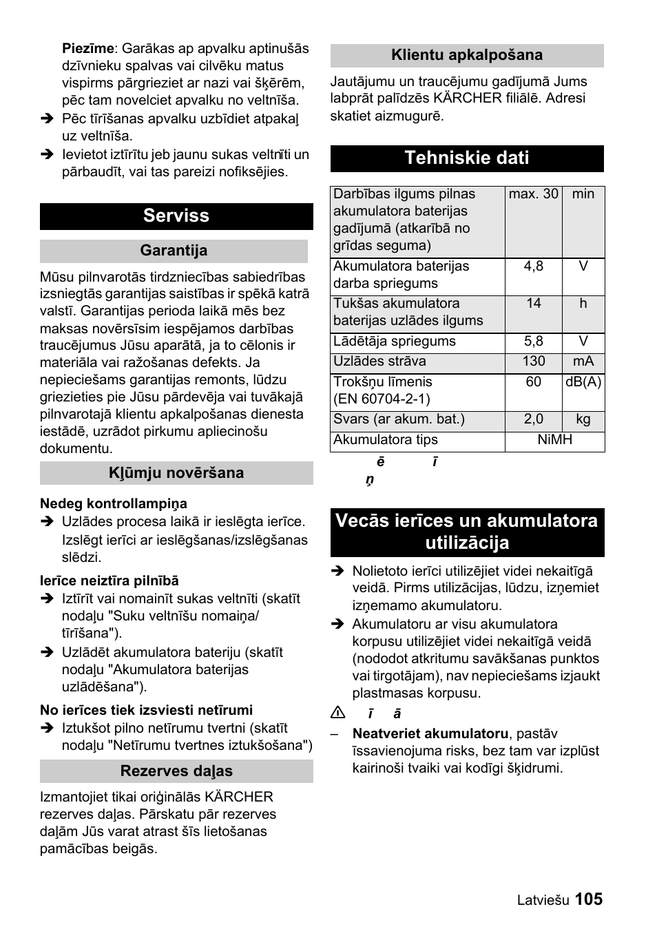 Serviss, Tehniskie dati, Vecās ierīces un akumulatora utilizācija | Karcher K 65 Plus User Manual | Page 105 / 124