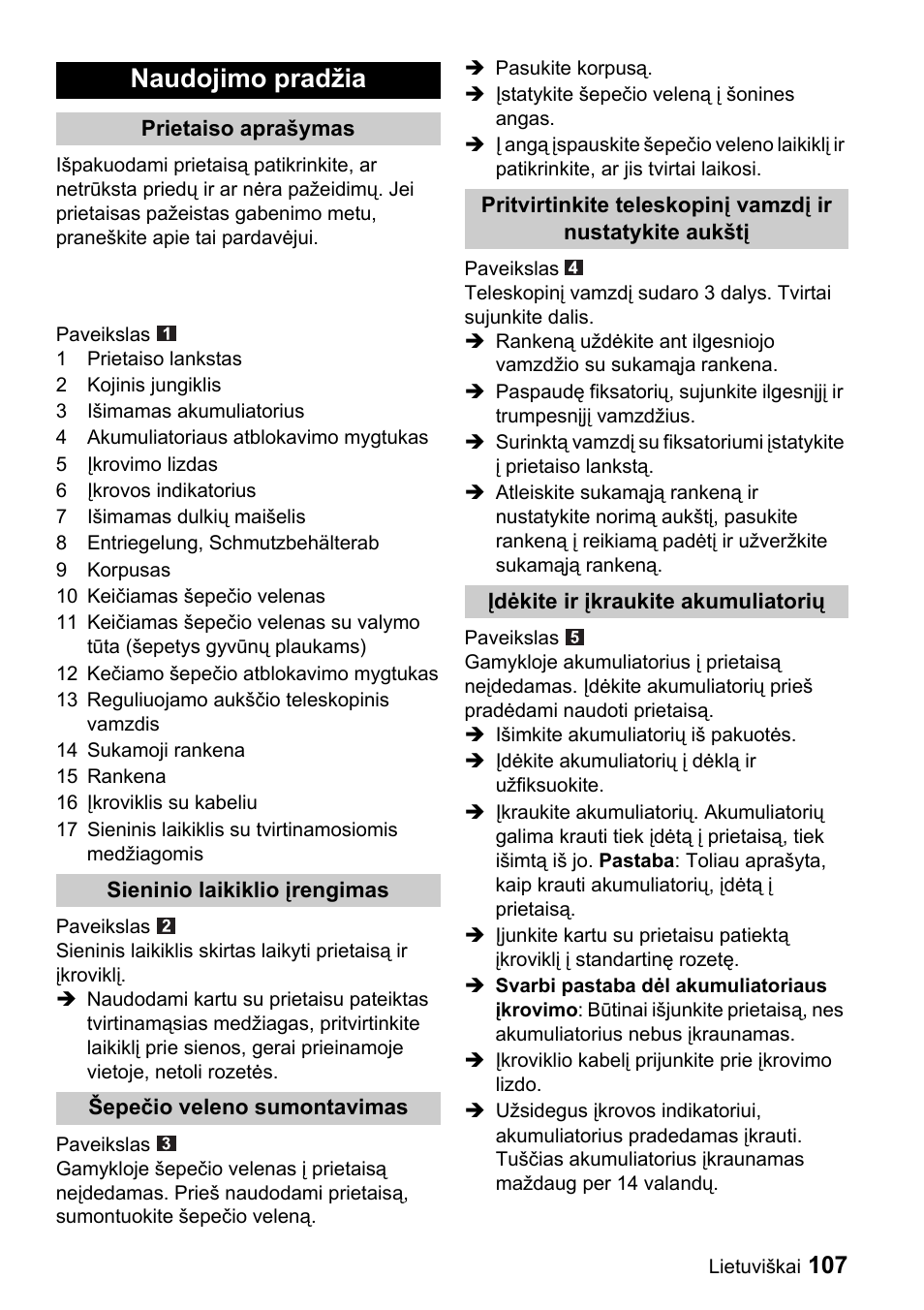 Naudojimo pradžia | Karcher K 65 Plus User Manual | Page 107 / 124