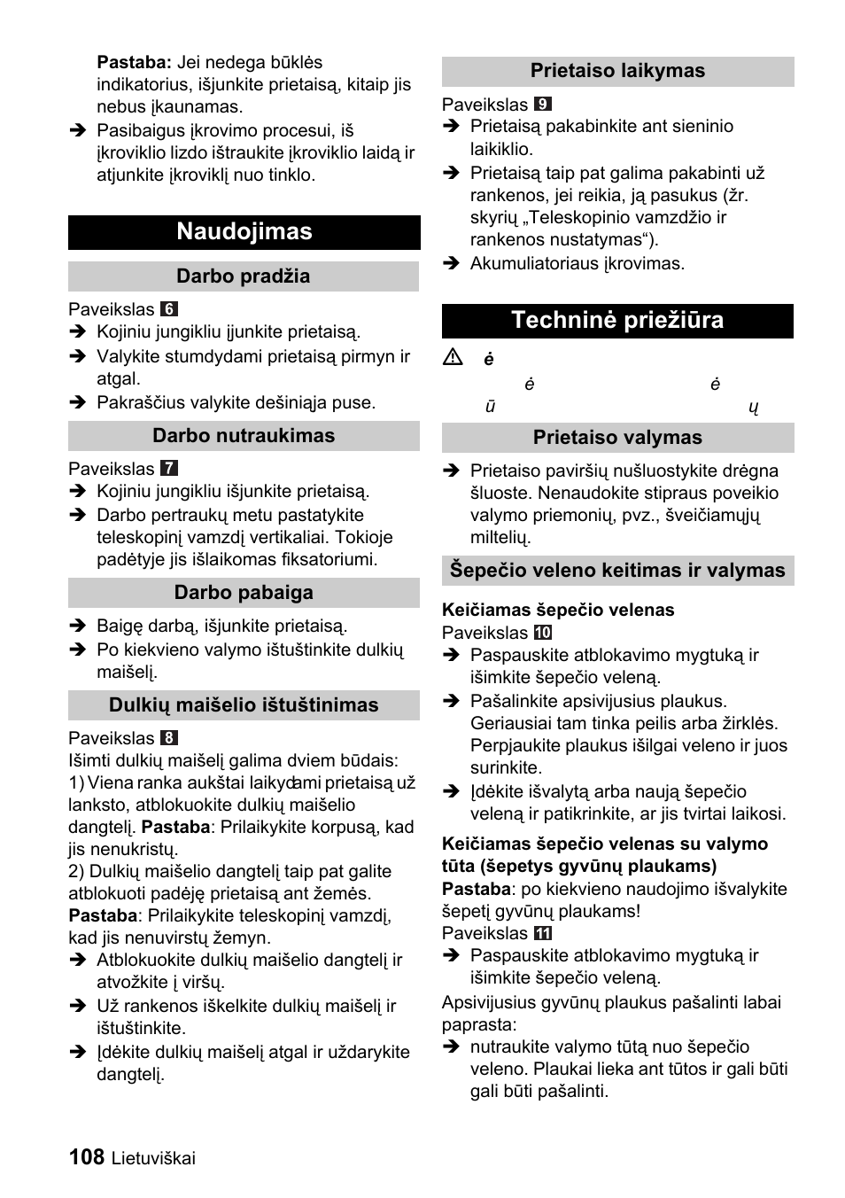 Naudojimas, Techninė priežiūra | Karcher K 65 Plus User Manual | Page 108 / 124