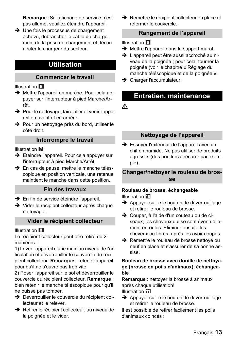 Utilisation, Entretien, maintenance | Karcher K 65 Plus User Manual | Page 13 / 124