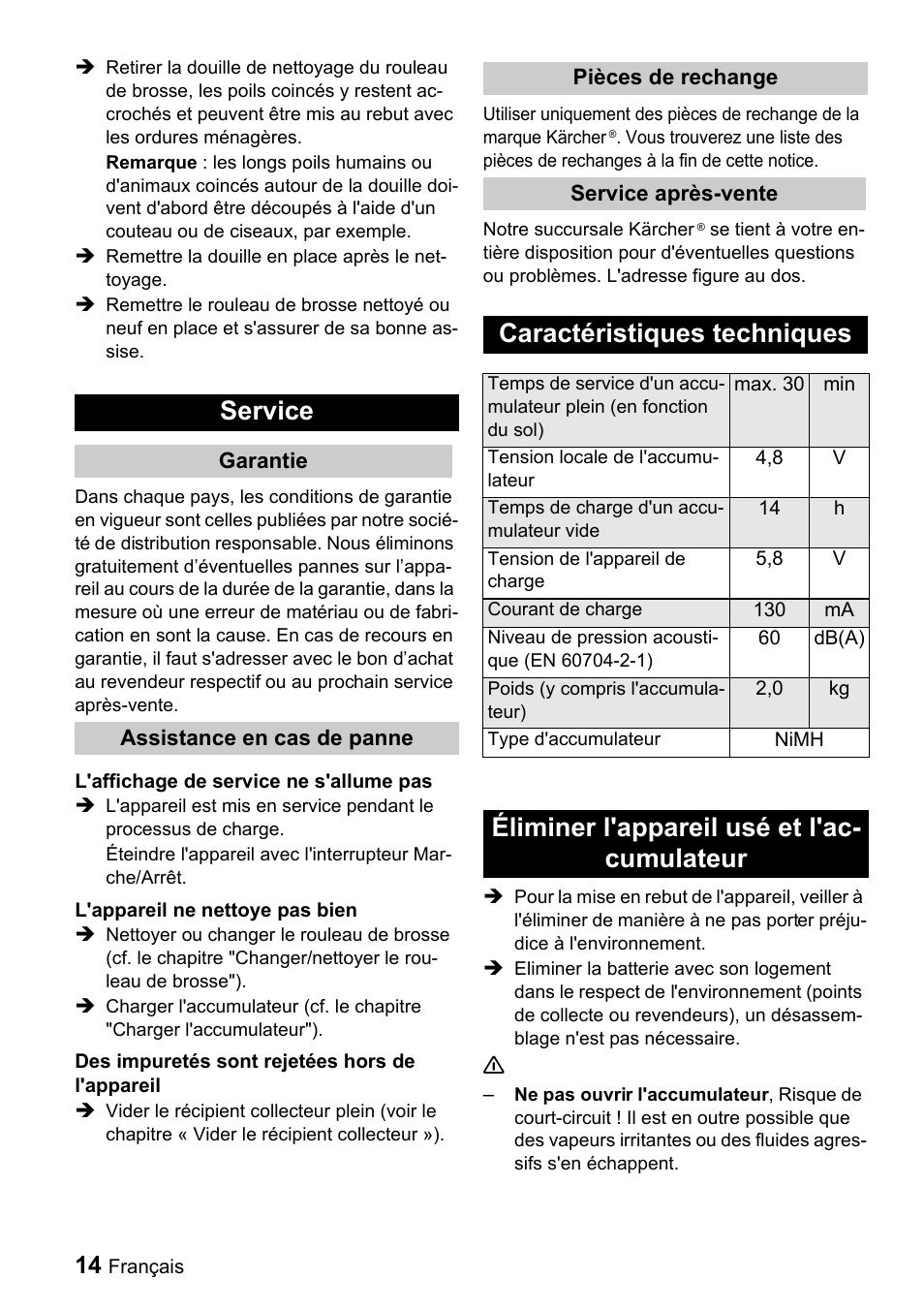 Service, Caractéristiques techniques, Éliminer l'appareil usé et l'ac- cumulateur | Karcher K 65 Plus User Manual | Page 14 / 124