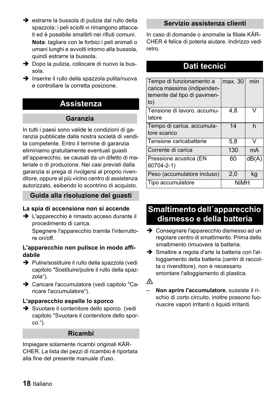 Assistenza, Dati tecnici | Karcher K 65 Plus User Manual | Page 18 / 124