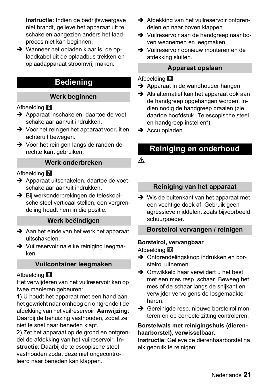 Bediening, Reiniging en onderhoud | Karcher K 65 Plus User Manual | Page 21 / 124