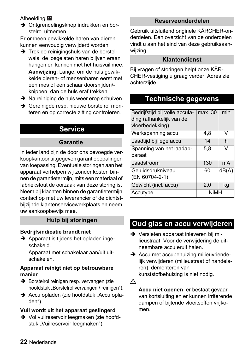 Service, Technische gegevens, Oud glas en accu verwijderen | Karcher K 65 Plus User Manual | Page 22 / 124