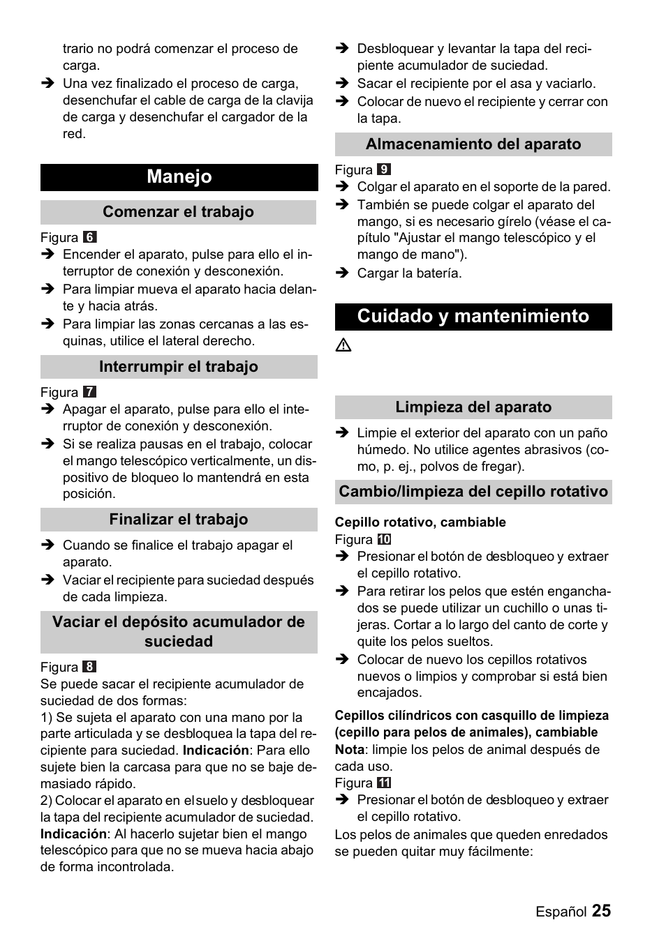 Manejo, Cuidado y mantenimiento | Karcher K 65 Plus User Manual | Page 25 / 124