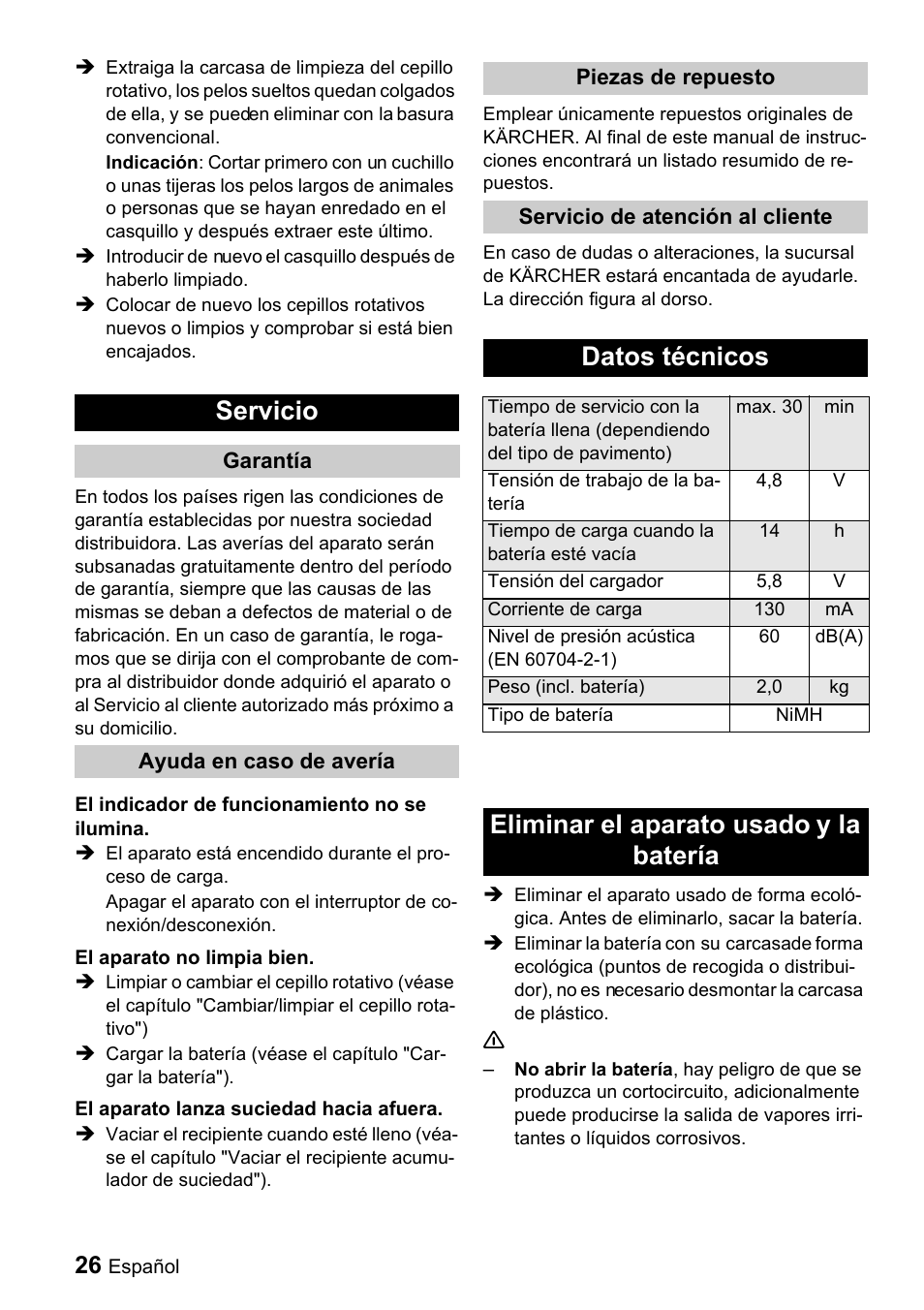 Servicio, Datos técnicos, Eliminar el aparato usado y la batería | Karcher K 65 Plus User Manual | Page 26 / 124