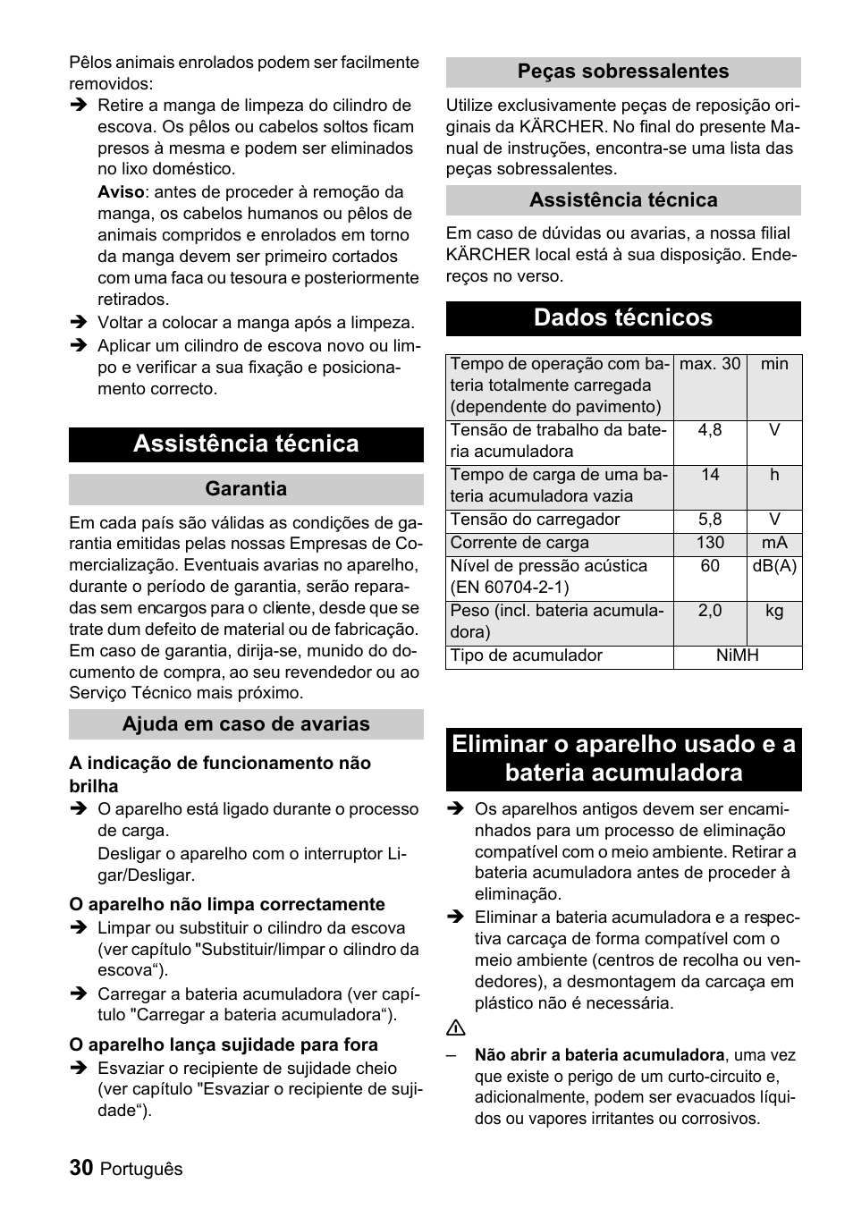 Assistência técnica, Dados técnicos, Eliminar o aparelho usado e a bateria acumuladora | Karcher K 65 Plus User Manual | Page 30 / 124