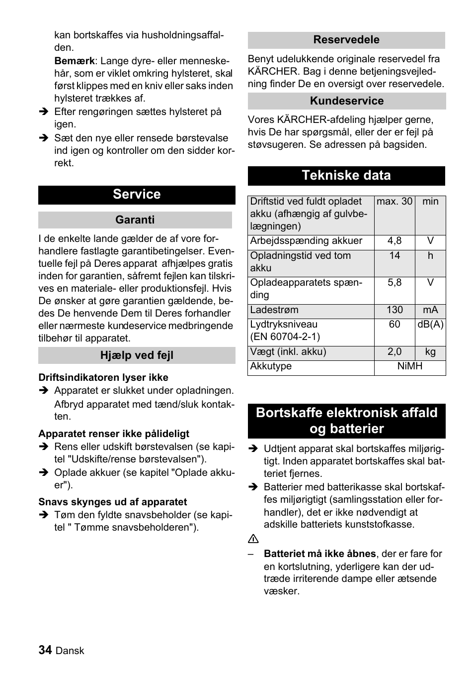 Service, Tekniske data, Bortskaffe elektronisk affald og batterier | Karcher K 65 Plus User Manual | Page 34 / 124