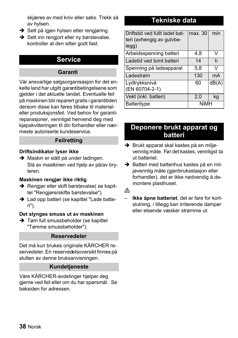 Service, Tekniske data, Deponere brukt apparat og batteri | Karcher K 65 Plus User Manual | Page 38 / 124