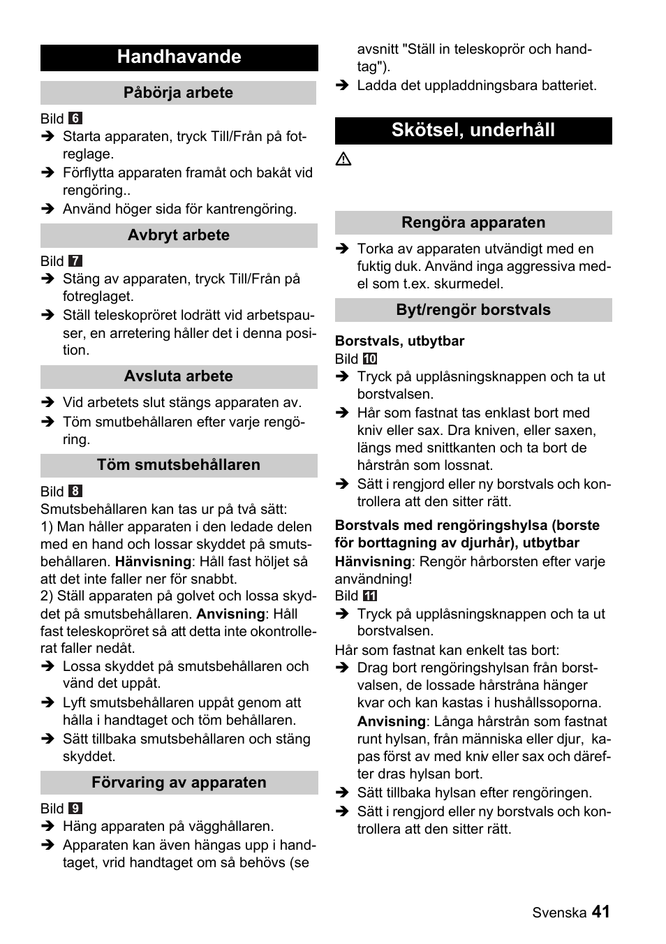 Handhavande, Skötsel, underhåll | Karcher K 65 Plus User Manual | Page 41 / 124