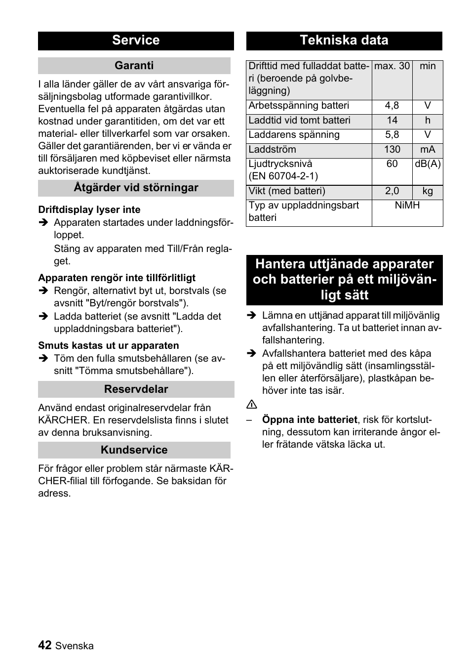 Service, Tekniska data | Karcher K 65 Plus User Manual | Page 42 / 124