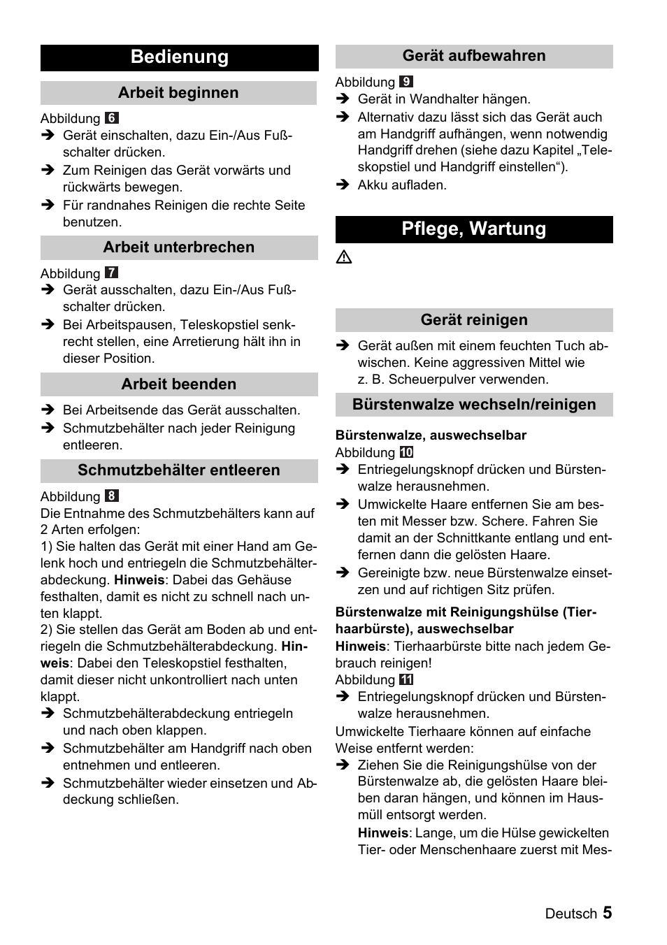 Bedienung, Pflege, wartung | Karcher K 65 Plus User Manual | Page 5 / 124