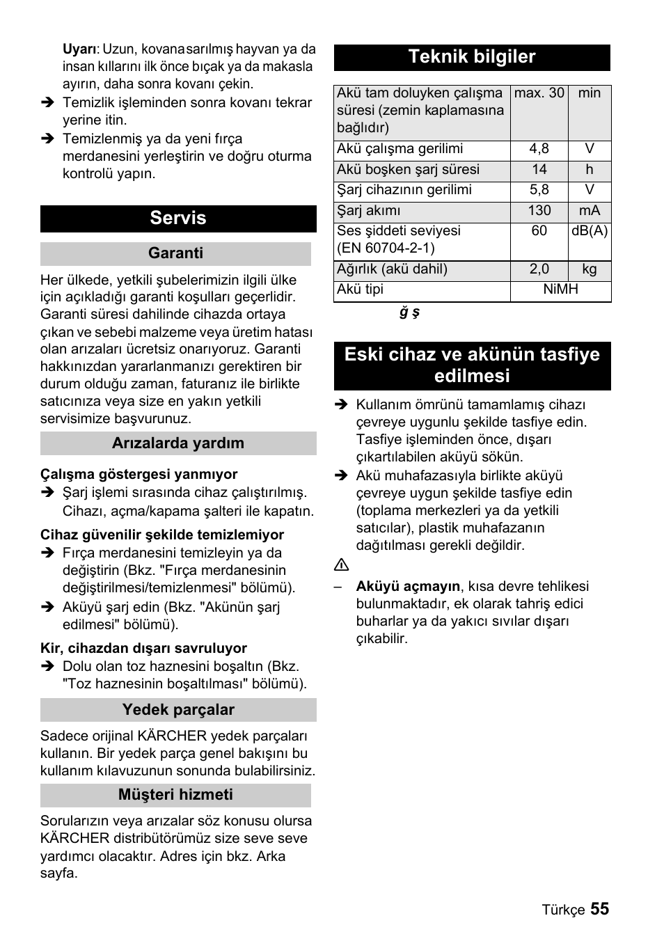 Servis, Teknik bilgiler, Eski cihaz ve akünün tasfiye edilmesi | Karcher K 65 Plus User Manual | Page 55 / 124