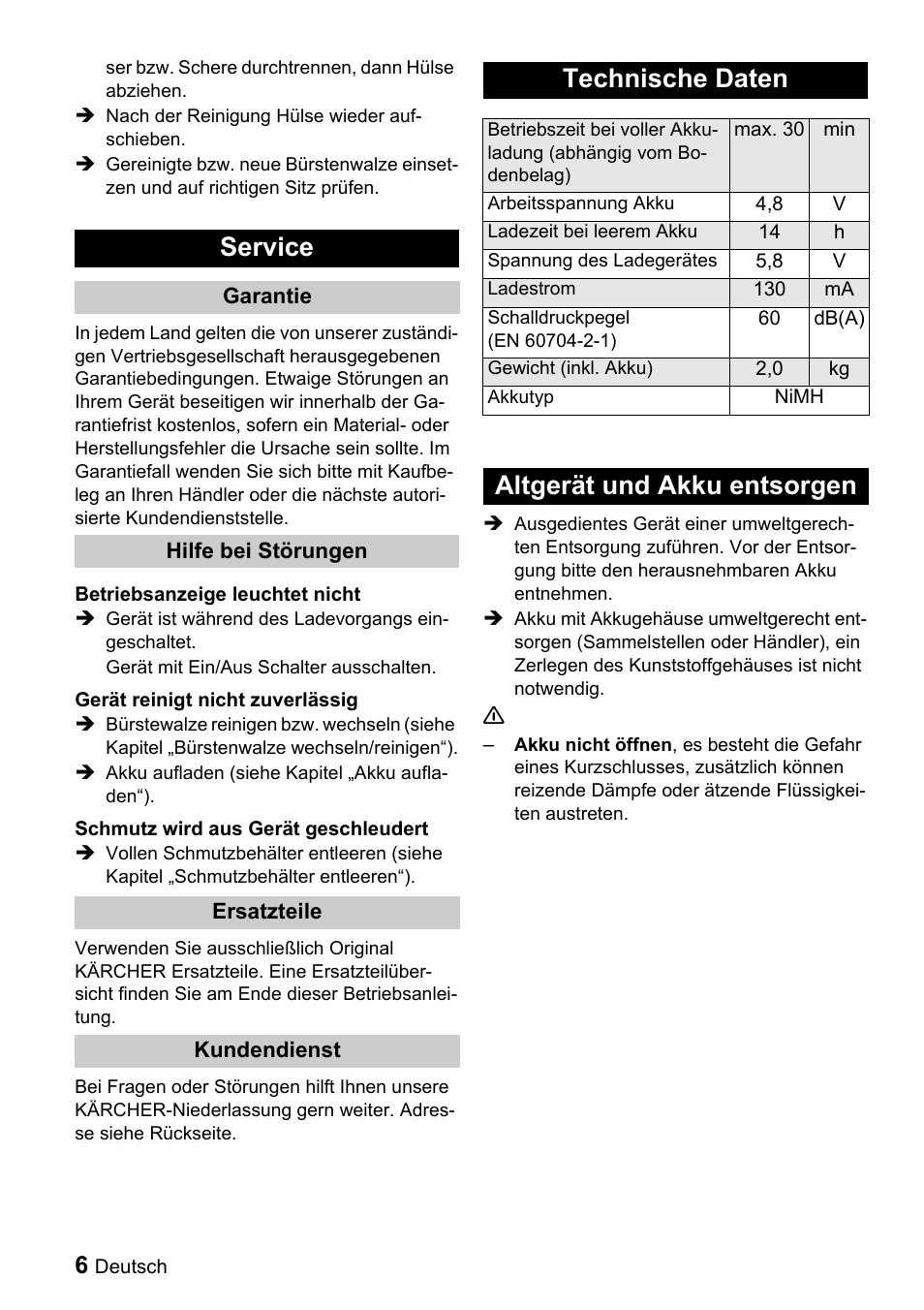 Service, Technische daten, Altgerät und akku entsorgen | Karcher K 65 Plus User Manual | Page 6 / 124