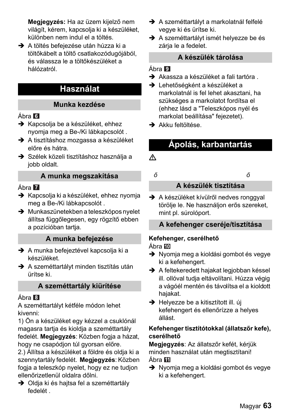 Használat, Ápolás, karbantartás | Karcher K 65 Plus User Manual | Page 63 / 124