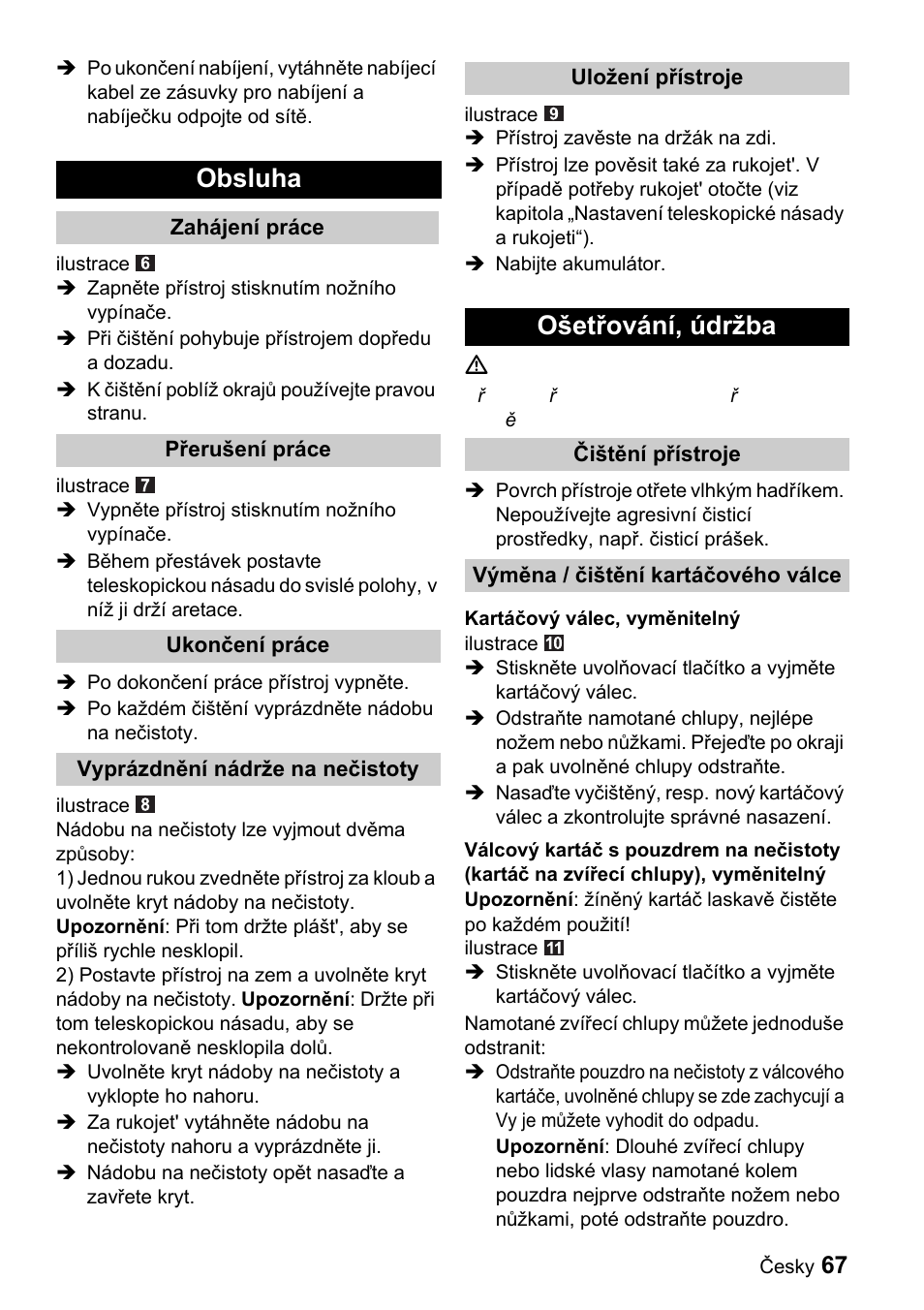 Obsluha, Ošetřování, údržba | Karcher K 65 Plus User Manual | Page 67 / 124