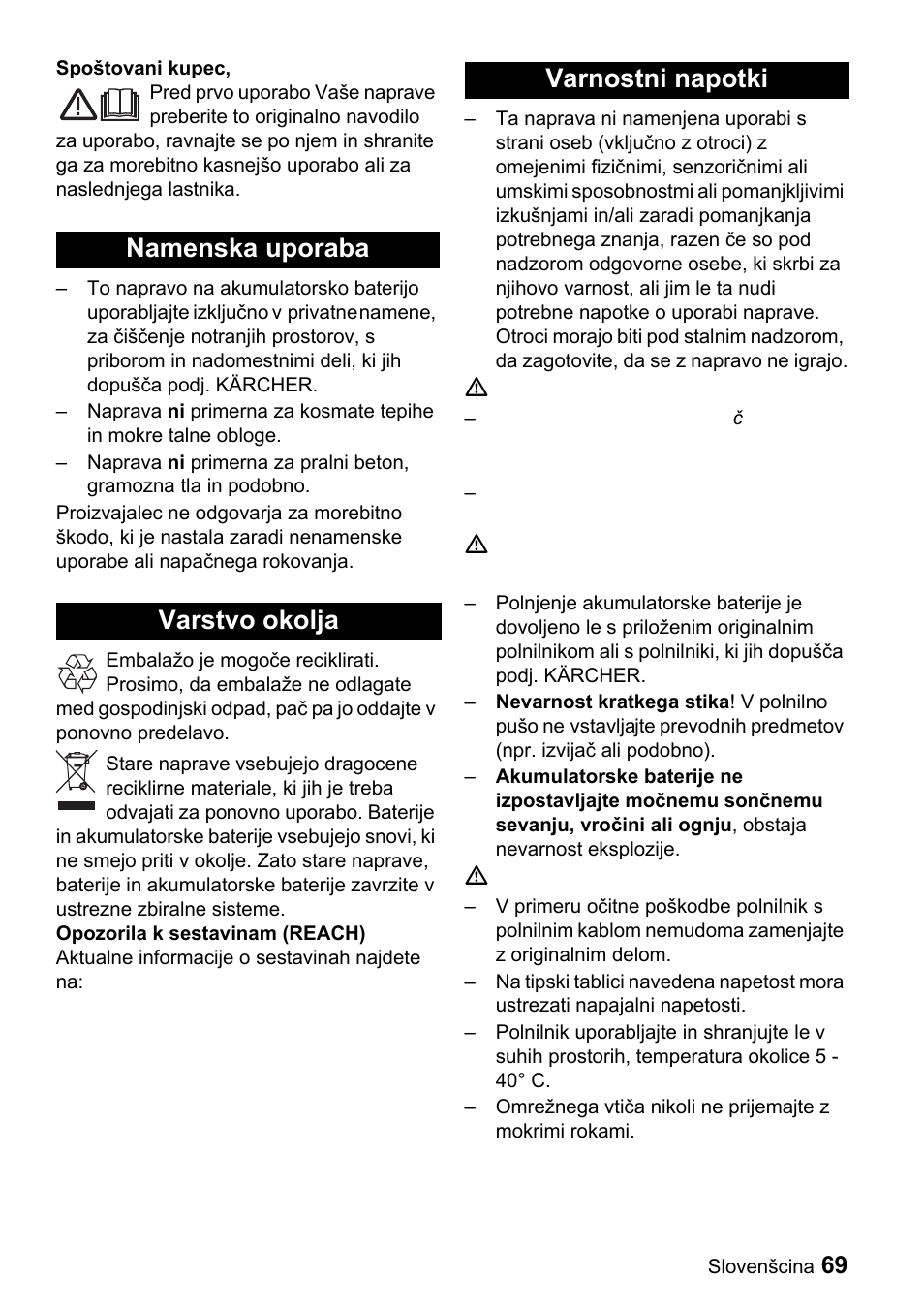 Namenska uporaba varstvo okolja varnostni napotki | Karcher K 65 Plus User Manual | Page 69 / 124