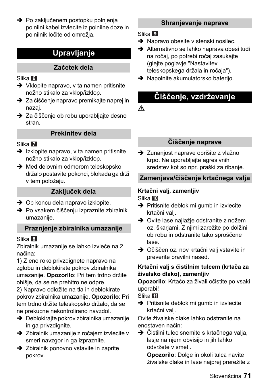 Upravljanje, Čiščenje, vzdrževanje | Karcher K 65 Plus User Manual | Page 71 / 124