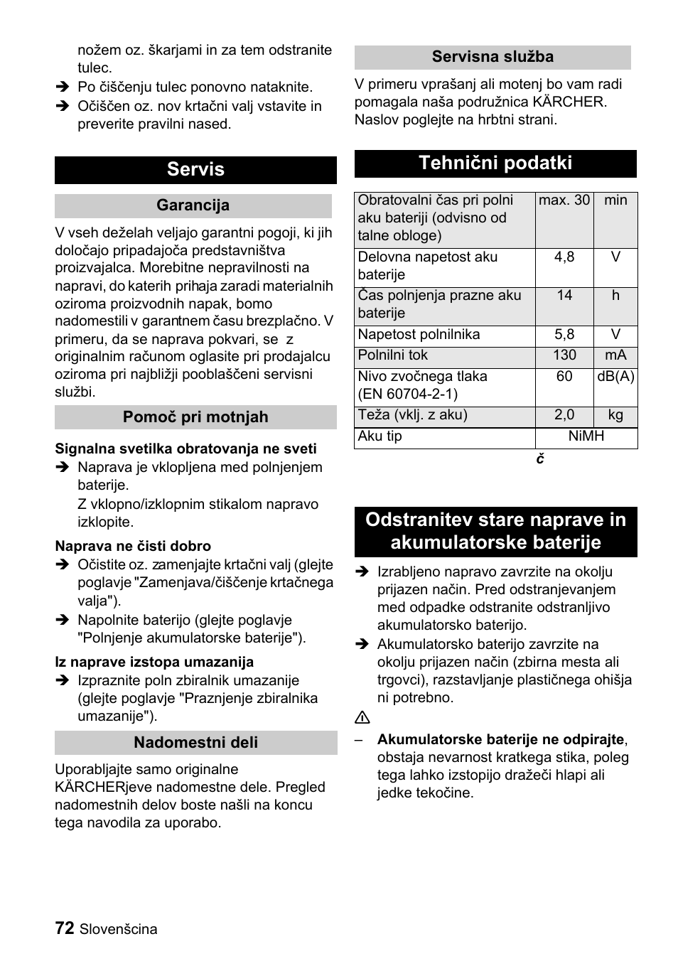 Servis, Tehnični podatki | Karcher K 65 Plus User Manual | Page 72 / 124