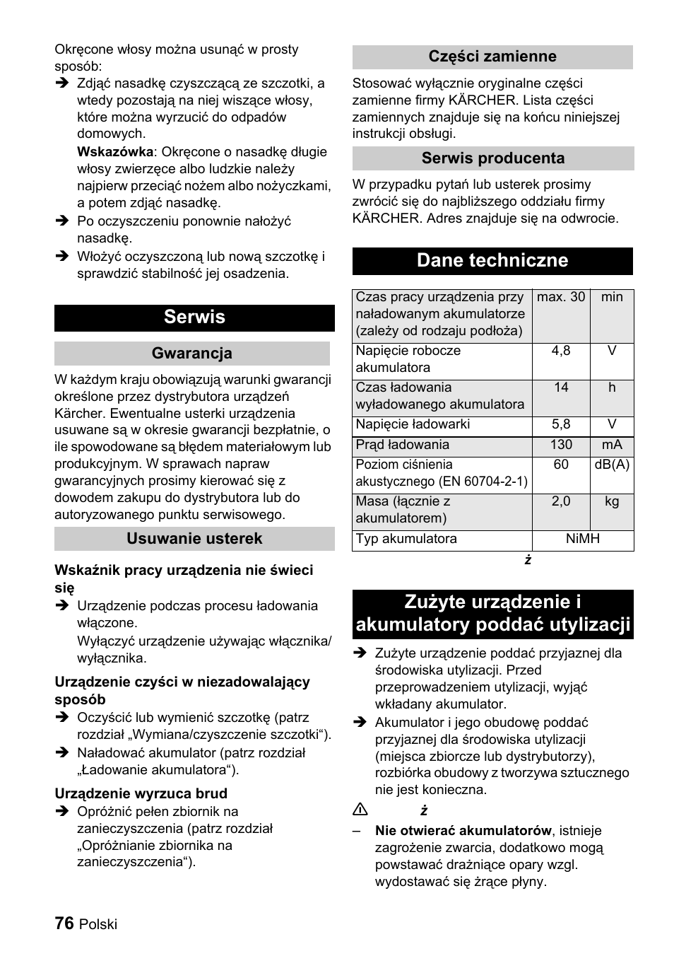 Serwis, Dane techniczne, Zużyte urządzenie i akumulatory poddać utylizacji | Karcher K 65 Plus User Manual | Page 76 / 124