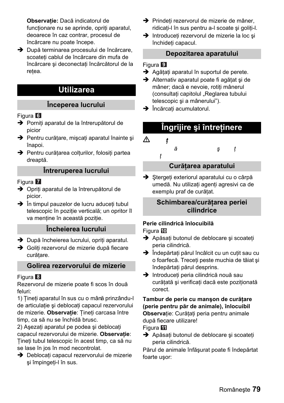 Utilizarea, Îngrijire şi întreţinere | Karcher K 65 Plus User Manual | Page 79 / 124