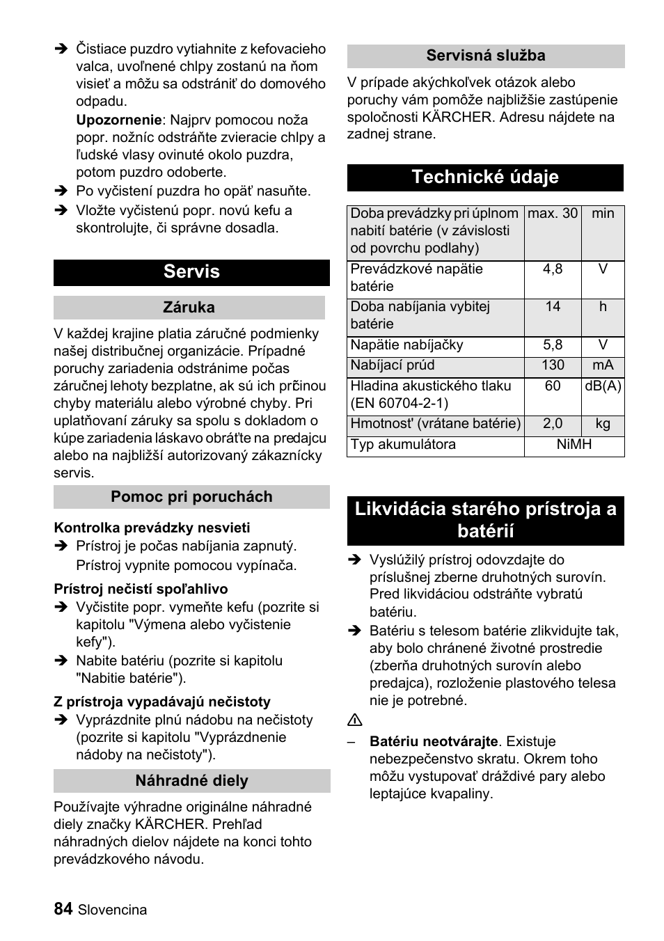 Servis, Technické údaje, Likvidácia starého prístroja a batérií | Karcher K 65 Plus User Manual | Page 84 / 124