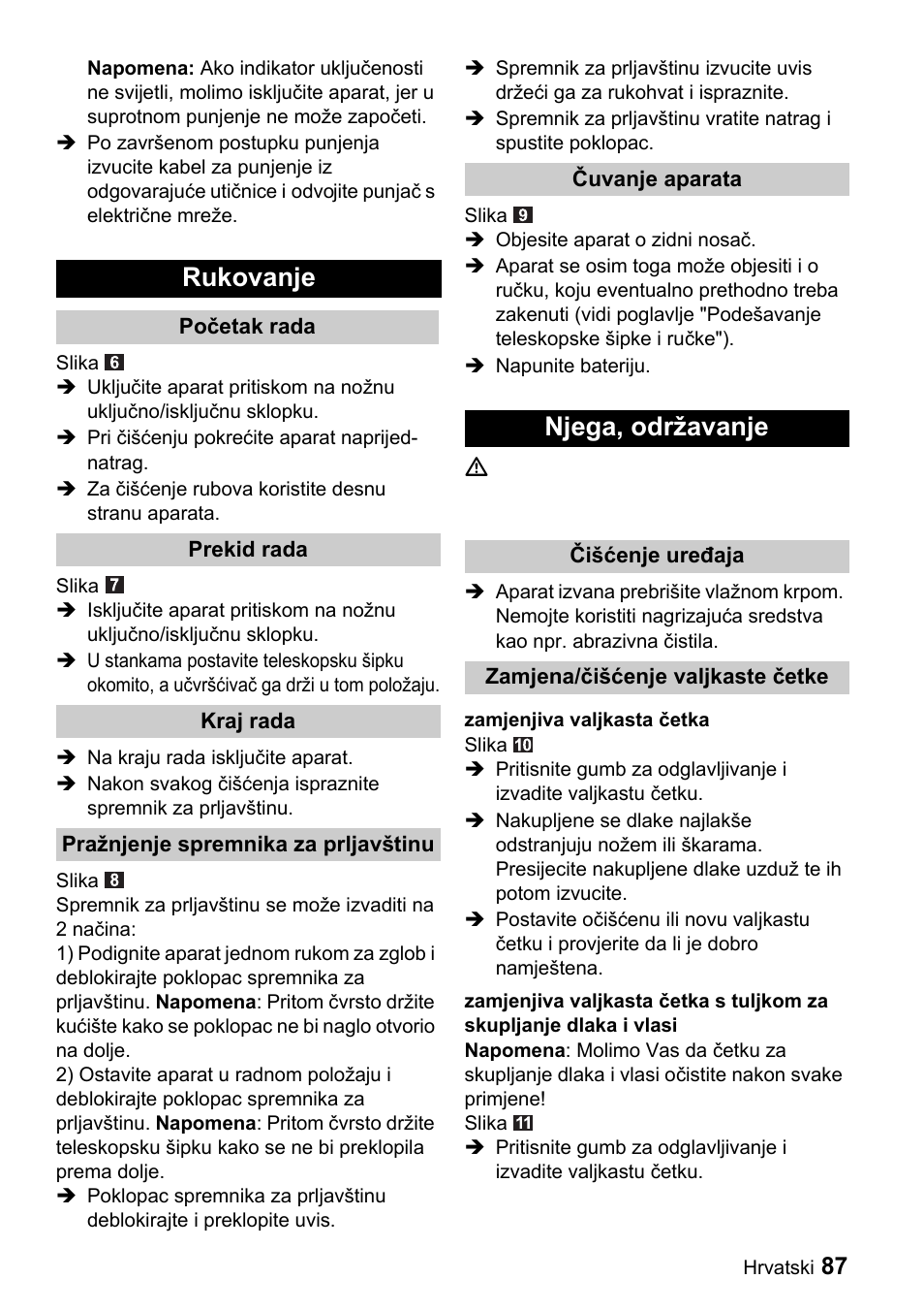 Rukovanje, Njega, održavanje | Karcher K 65 Plus User Manual | Page 87 / 124