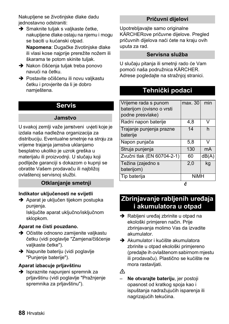 Servis, Tehnički podaci | Karcher K 65 Plus User Manual | Page 88 / 124