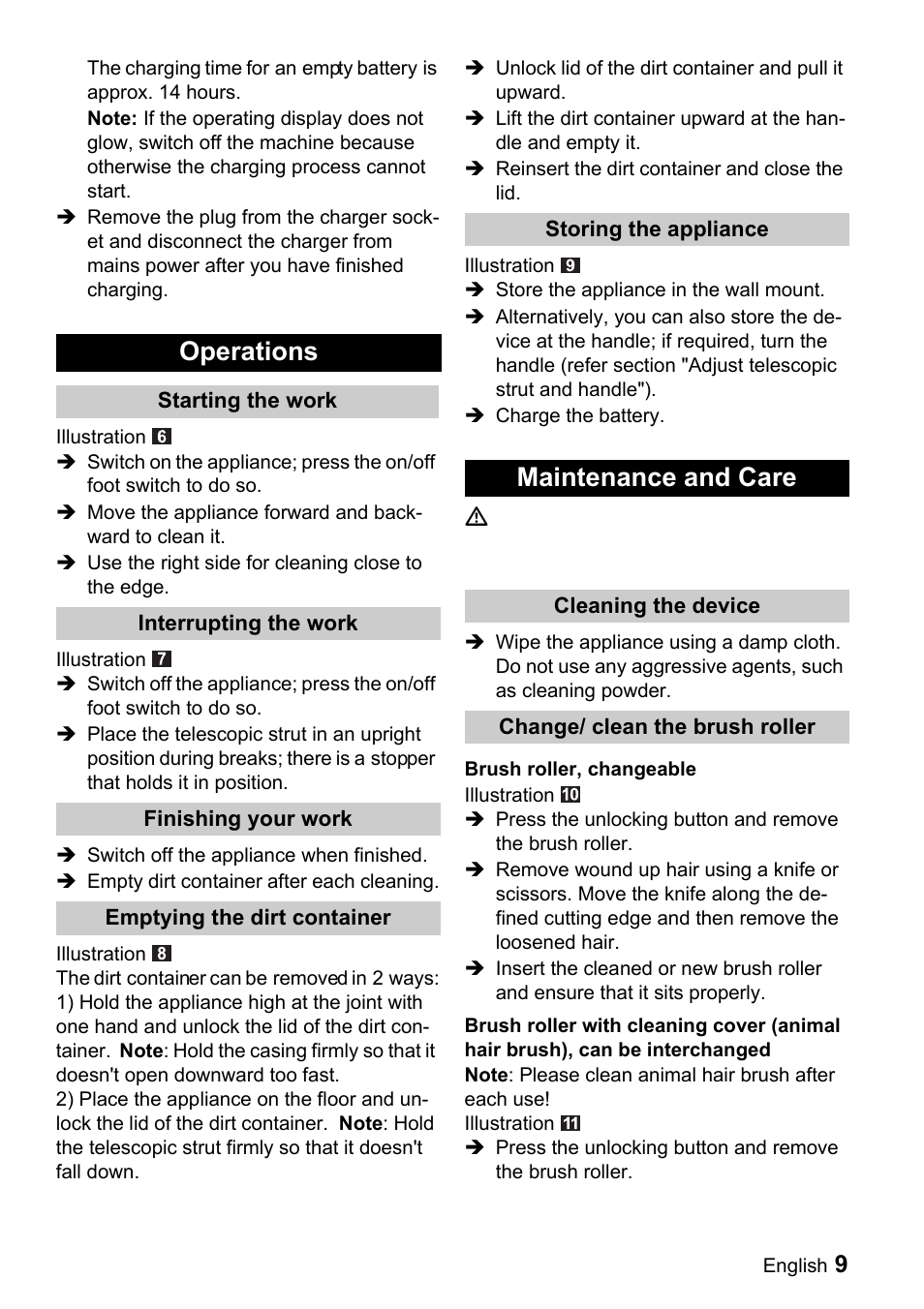 Operations, Maintenance and care | Karcher K 65 Plus User Manual | Page 9 / 124